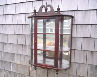 Antique MAHOGANY FERGUSON Wall Curio Bow Front 3 Tier Display Shelf Cabinet - Mirrored Back Mirror - Glass Door Queen Anne Curved Front