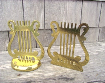 Pair of Heavy BRASS Classical Harp Lyre Bookends Music Musical Themed Stand