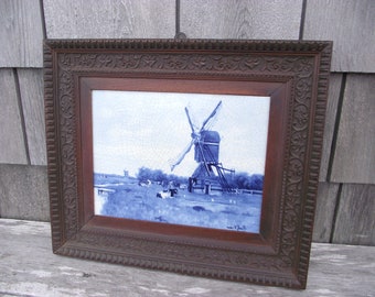 Signed Dutch Blue Delft Tile Panel in Carved Mahogany Wood Filigree Picture Frame - Windmill Dairy Farm Motif Antique Vintage