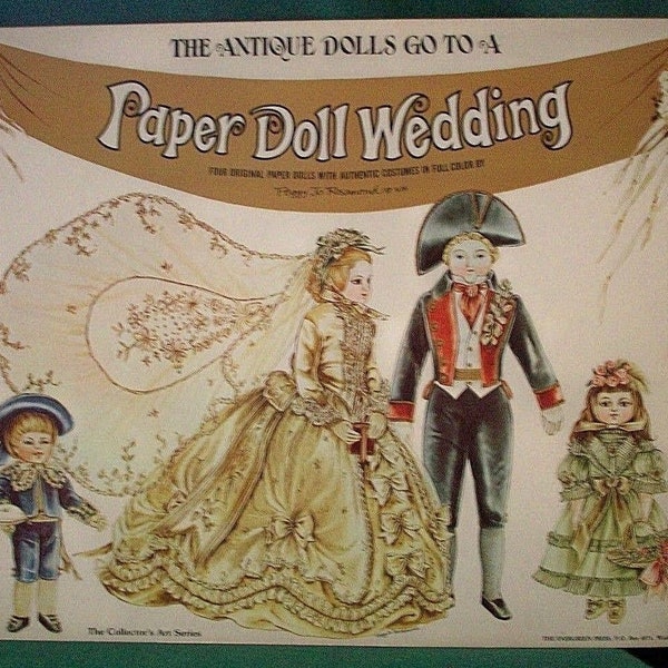 Vintage UNCUT 1976 The Antique Dolls Go To A Paper Doll Wedding Book By Rosamond - 4 Large Original Paper Dolls and Authentic Costumes