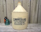 Antique Pottery Liquor JUG - P Harrington Sons - Manchester NH Advertising - RARE Antique Bottle Primitive Stoneware Rustic Growler