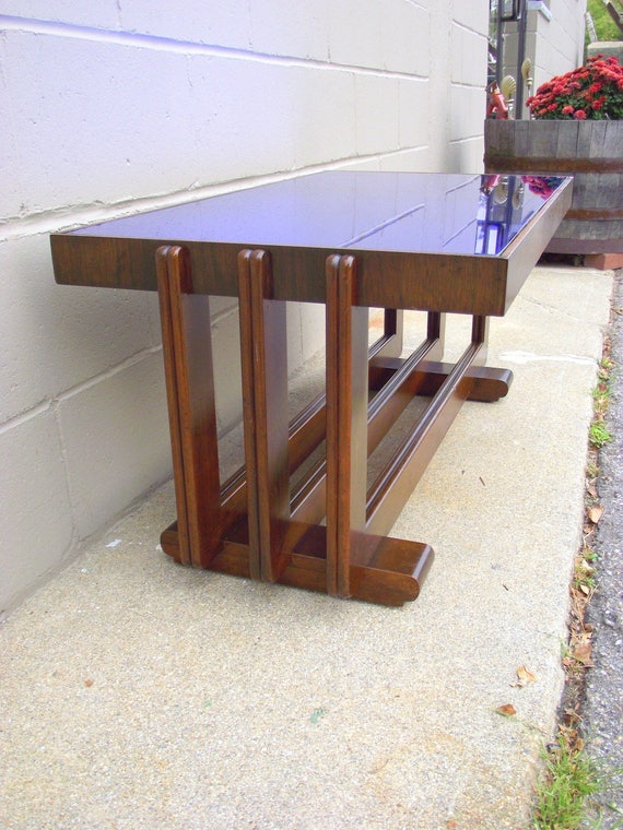 Art Deco Glass Coffee Cocktail Table Cobalt Blue Mirror Top All Original American Retro Furniture Nouveau Transform Your Space With The Elegance Of Gold Coast Mayfair End Table Intricate Detailing On Long Spindled Wood Legs Make This An