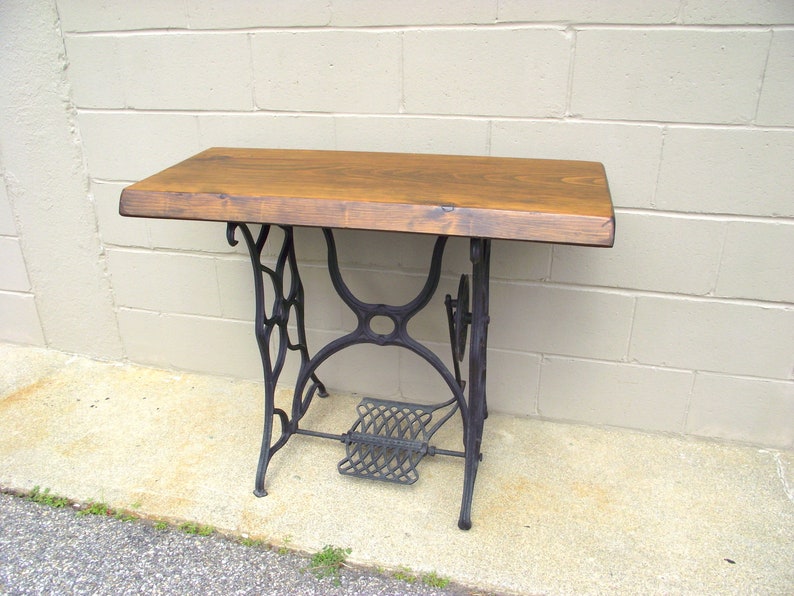 Antique Bistro Sewing Machine Table Desk Console Cast Iron Base Repurposed Reclaimed Wood Hall Foyer Industrial Rustic Farmhouse Chic