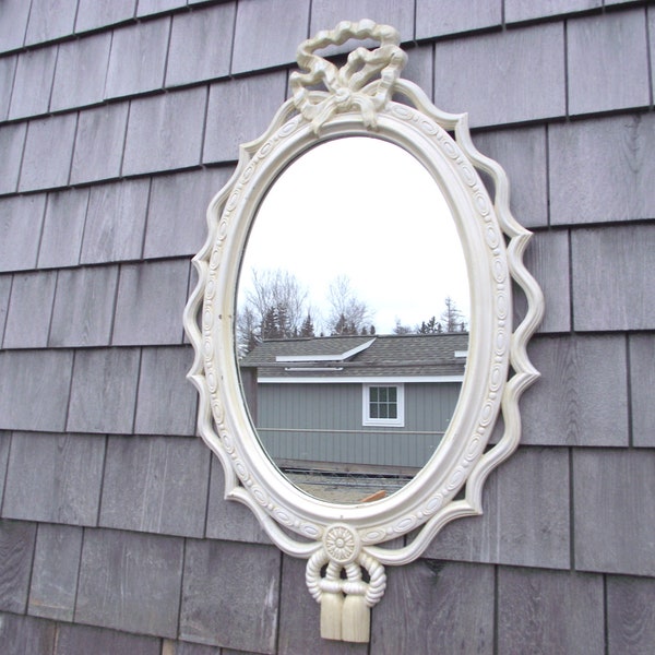 Stunning Shabby White Wall Mirror with Rope Tassels and Ribbons - Ornate Framed Oval - RARE Decorative Design - Big 31" x 20"