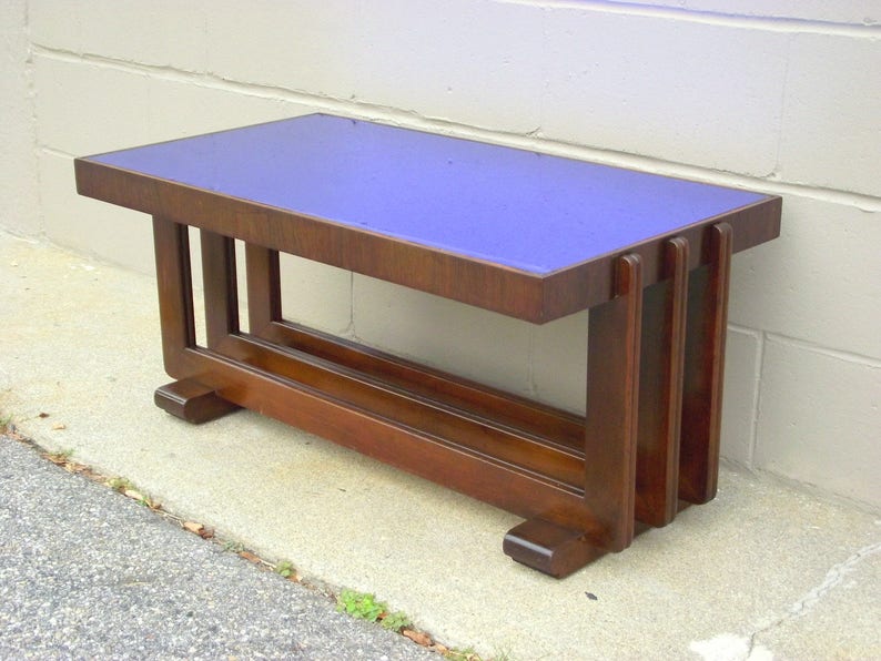 Art Deco Glass Coffee Tail Table Cobalt Blue Mirror Top All Original American Retro Furniture Nouveau