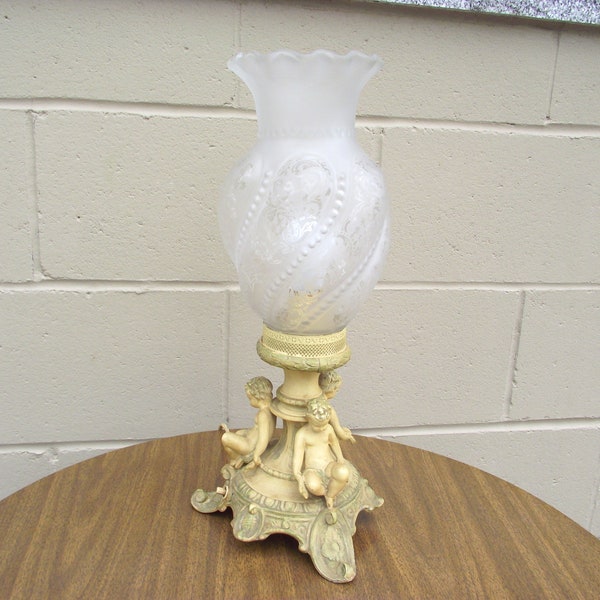 Cherub Cupid Angel Table Lamp - Hollywood Regency Art Nouveau Boudoir Dresser Table Lamp with Original Swirled Glass Shade Filigree Ruffled