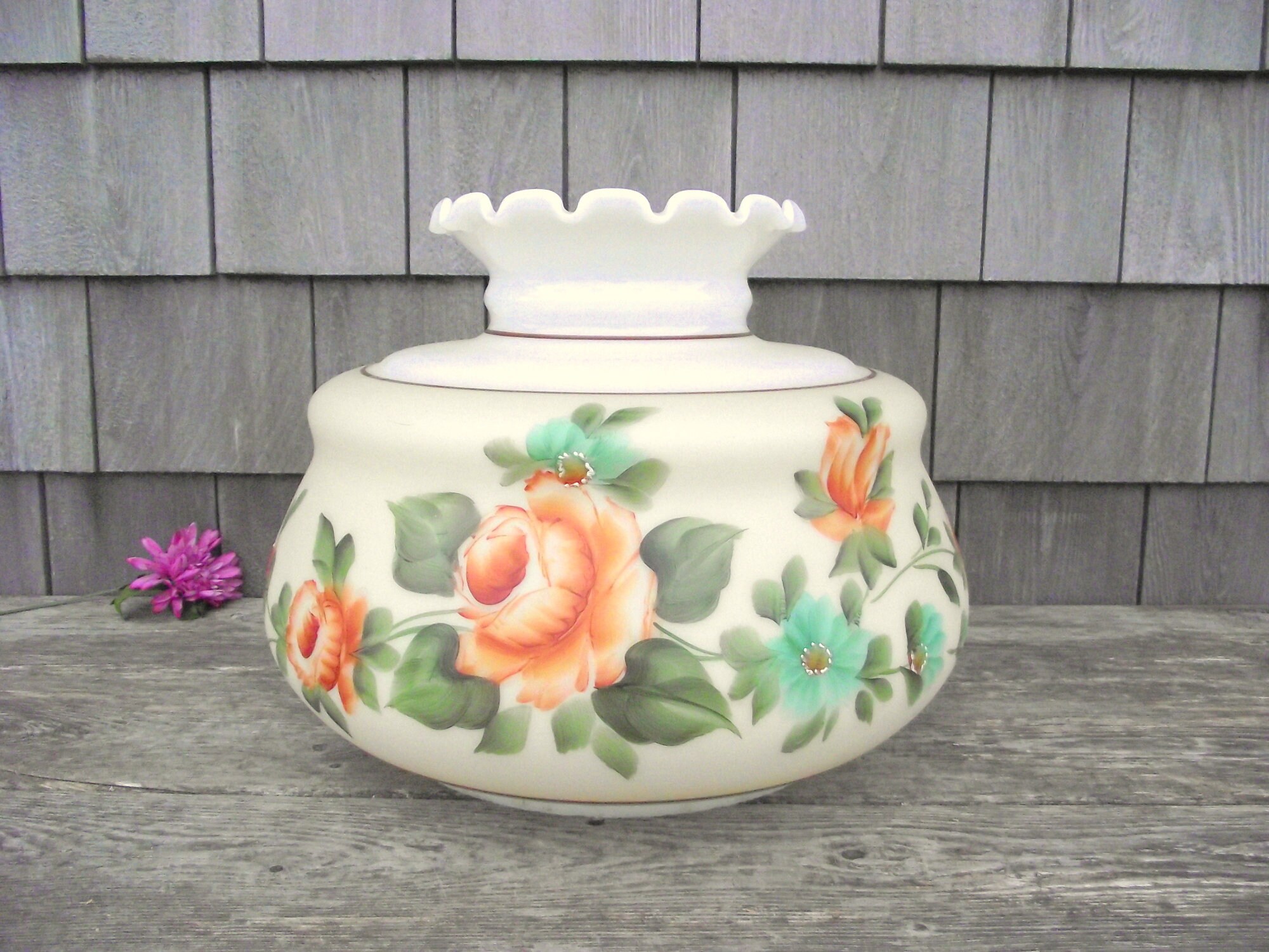 Lighting Vintage Hand Painted Floral Rose Milk Glass Hurricane Lamp