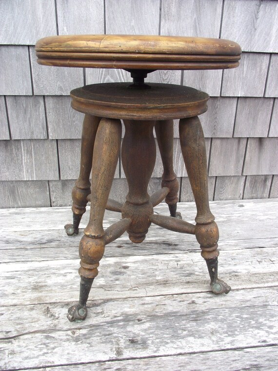 Vintage Antique Piano Stool Chair Crystal Glass Ball Feet Wood H Holtzman and Sons Columbus Ohio Adjustable Swivel Vanity Seat 1 Etsy Canada