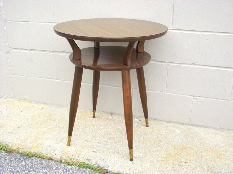 Mid Century Modern Table Round Two Tier Accent Side End Coffee Tall Tapered Peg Legs American Retro Mcm Foyer Minimalist Tail Stand