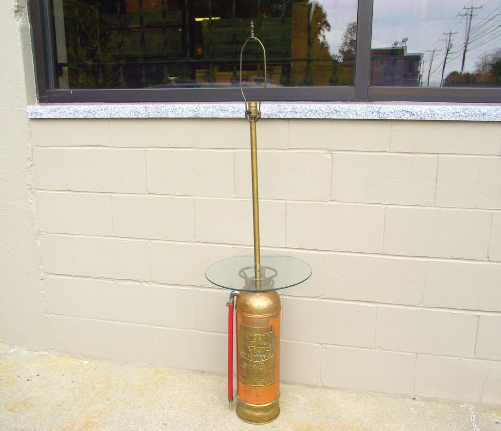 Fire Extinguisher Floor Table Lamp Repurposed Copper Brass End Side Glass Top Industrial Urban Chic Rustic Badger Boston Ma Usa