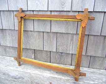 Antique Eastlake Wood Victorian Carved Leaf Picture Frame with Gold Gesso - Sampler Frame Rustic Wooden Forest Folk Art Adirondack Decor