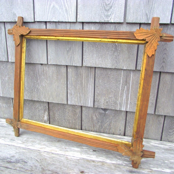 Antique Eastlake Wood Victorian Carved Leaf Picture Frame with Gold Gesso - Sampler Frame Rustic Wooden Forest Folk Art Adirondack Decor