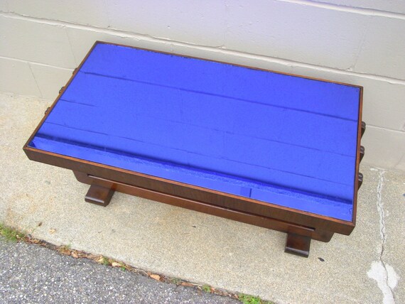 Art Deco Glass Coffee Cocktail Table Cobalt Blue Mirror Top All Original American Retro Furniture Nouveau Blue Yellow Water Colour Laminated Tempered Glass Mirror H 36cm Ø 75cm Frame Steel Grained White Lacquered