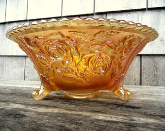 Large Antique 3 Footed Fruit Bowl Dish Carnival Glass Iridescent Lustre Rose Marigold - IMPERIAL - Scalloped Edge - Rubigold - 1912-1918