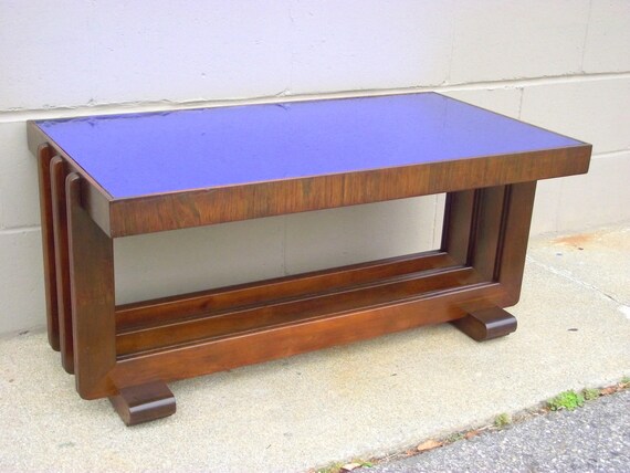 Art Deco Glass Coffee Cocktail Table Cobalt Blue Mirror Top All Original American Retro Furniture Nouveau