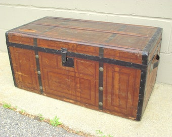 Antique Wood Flat Top Steamer Trunk Chest Coffee Table Storage - Stagecoach Travel - Solid Wooden - Rustic Wedding Decor - Footlocker