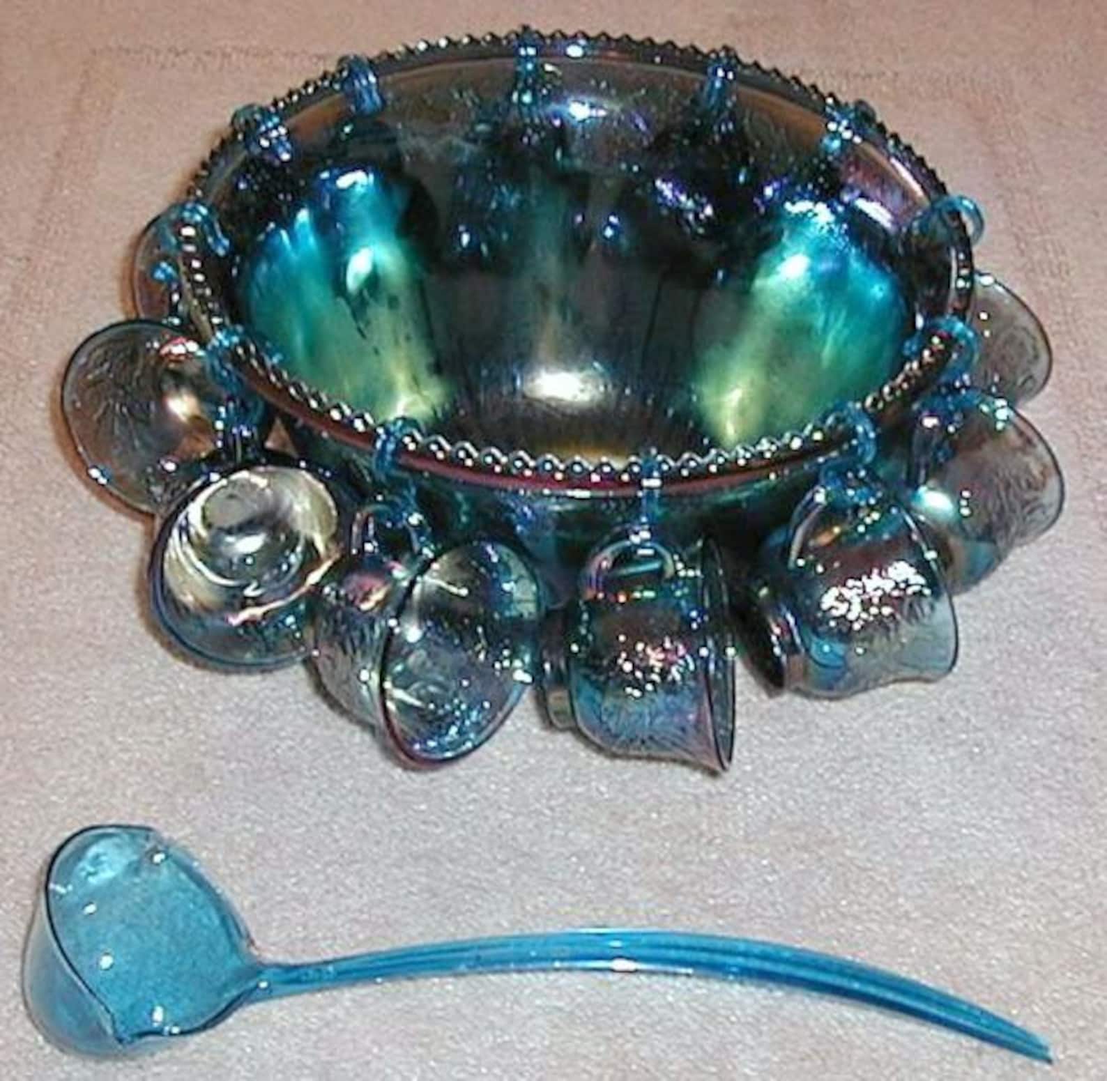 Indiana Carnival Glass Punch Bowl Set IRIDESCENT BLUE Etsy