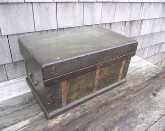 Antique Wood Apothecary Dovetailed Table Top Storage Chest Salesman Sample Keepsake Box Small Miniature Doll Trunk Watchmakers Tool Box