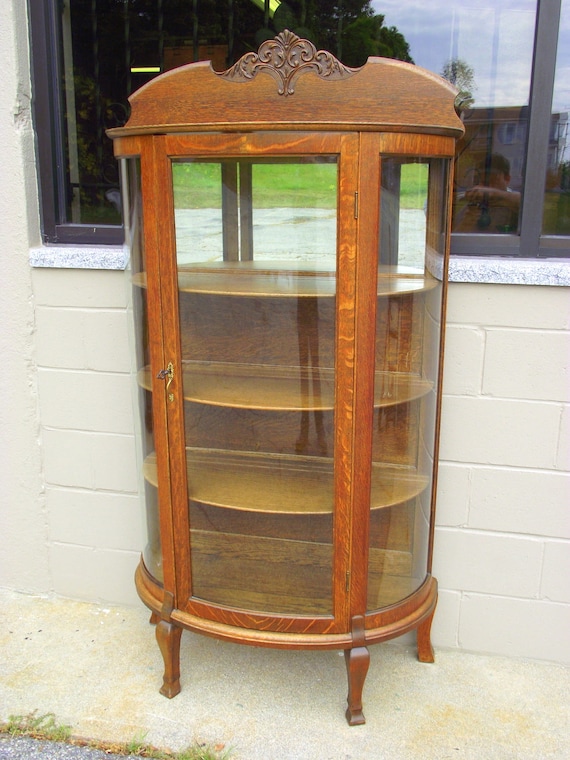 Antique Golden Oak Bow Front Victorian Style Hutch Curio 4 Etsy