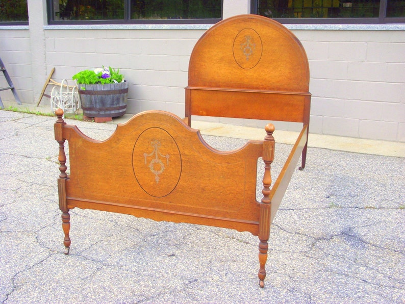 Antique Birdseye Maple Wood Twin Bed Arched Design Original Finish Painted Victorian Floral Garland Country Farmhouse Rustic Chic