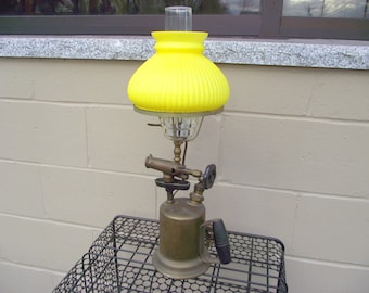 Vintage Industrial Blow Torch Lamp Repurposed - Yellow Ribbed Glass Hurricane Shade - Steampunk Electric Kerosene Loft Lighting Rustic Decor