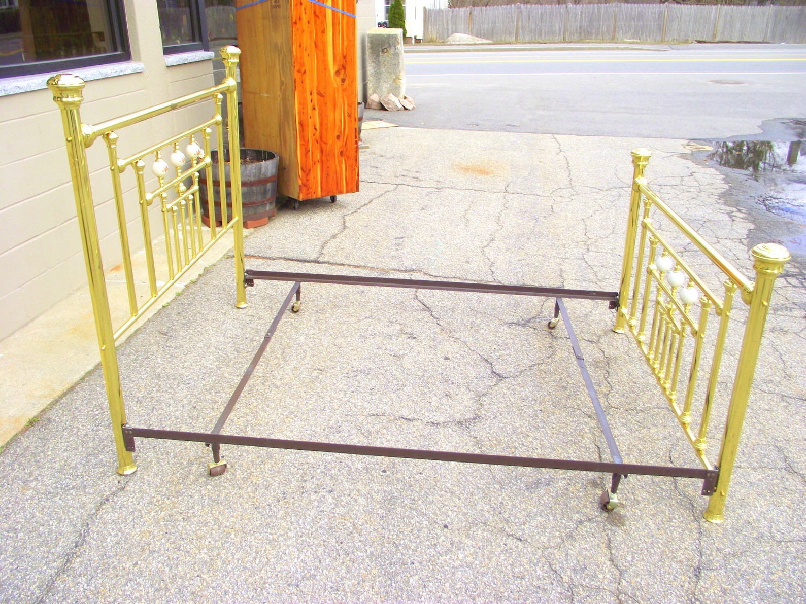 Vintage QUEEN Brass Bed with Roses Porcelain Balls Antique Etsy