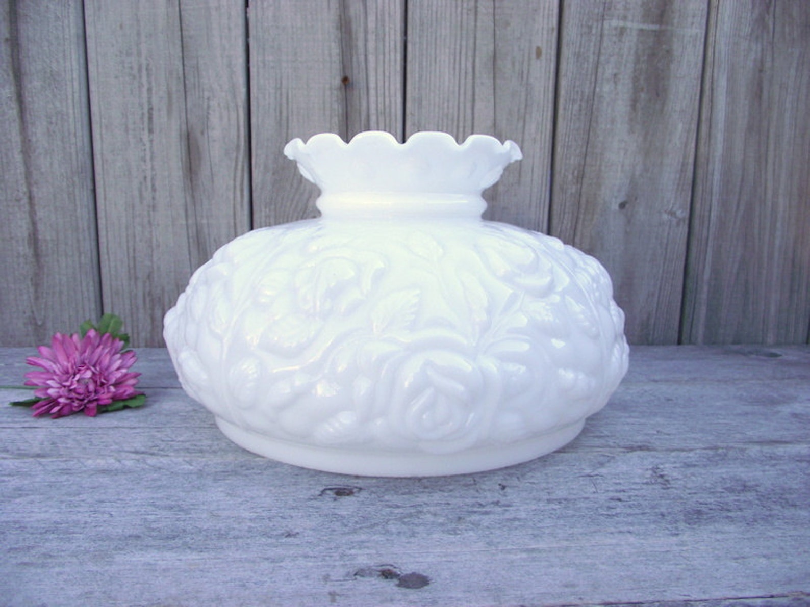 Antique MILK GLASS Fenton Embossed Roses Parlor Lamp SHADE Etsy