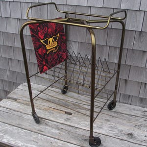 Mid Century Modern TV Holder Cart Table Organizer Stand - Atomic Gold - Adjustable Top Shelves - Stereo Record Metal Rolling Television