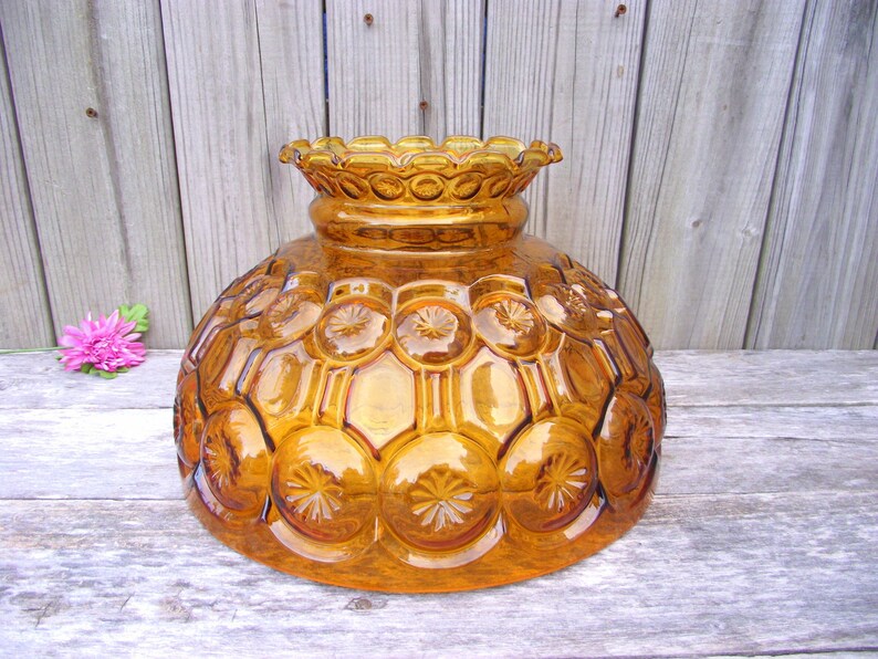 Moon And Stars Pattern Amber Glass Lamp Shade Parlor 14 Fitter Oil Electric Gas Replacement Globe Light Lampshade Le Smith Pressed Eapg