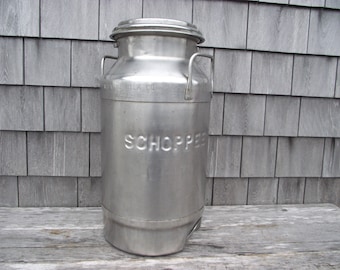 Vintage Schoppee's Dairy Farm Stainless Steel Milk Cream Can - 5 Gallon 20 Quarts with Lid - Rustic Country Farmhouse Industrial Chic Decor