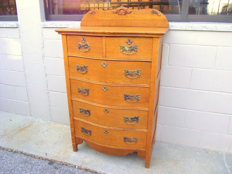 Sale Antique Golden Tiger Oak Tallboy Dresser Serpentine Bow Etsy