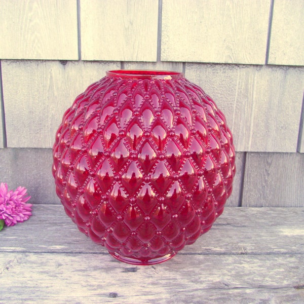 Antique Ruby Red Glass Fenton Lamp Shade Victorian Quilted Diamond GWTW - Oil Kerosene Gas Replacement Globe Light Lampshade Round Ball Orb