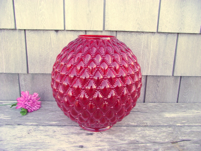 Antique Ruby Red Glass Fenton Lamp Shade Victorian Quilted Diamond GWTW Oil Kerosene Gas Replacement Globe Light Lampshade Round Ball Orb image 1