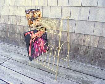 Vintage 2 Tier Record Rack Album Storage Holder Vinyl - Gold Metal Wire Stand Shelf Mid Century LP's  - 45 33 78 Big Collection Organizer