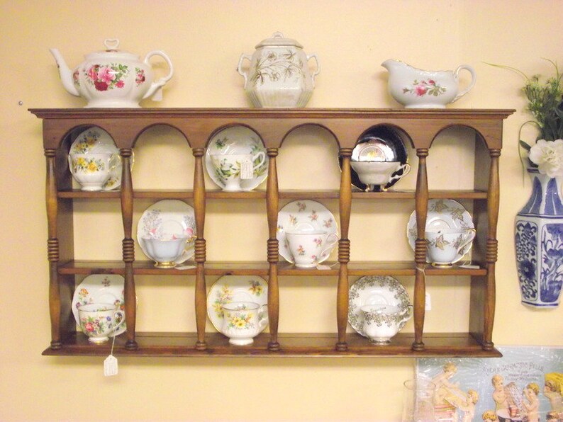 Wood 3 Tier Display Teacup & Saucer Curio Wall Shelf w/ Etsy
