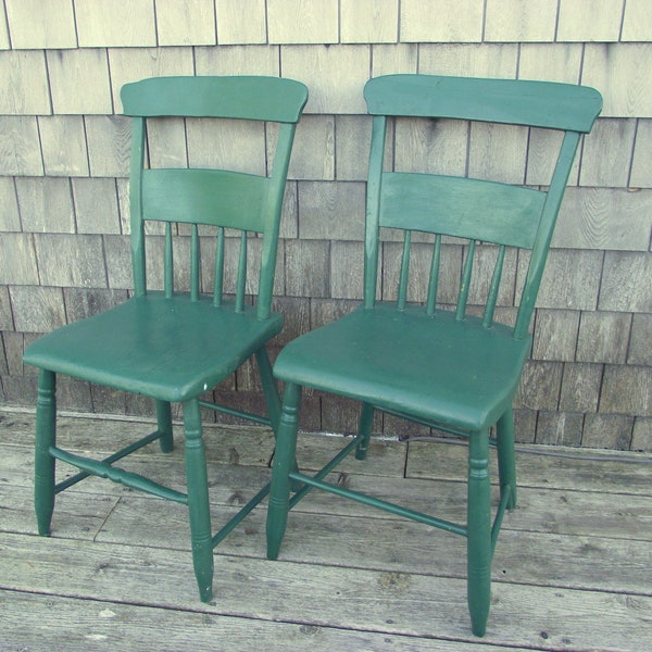 Antique Green Plank Bottom Spindle Back Chairs Pair Set 2 - Slat Back Primitive Rustic Farmhouse - Shabby Cottage Chic Wood Painted Seat