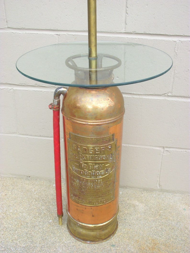 Fire Extinguisher Floor Table Lamp Repurposed Copper Brass End Side Glass Top Industrial Urban Chic Rustic Badger Boston Ma Usa