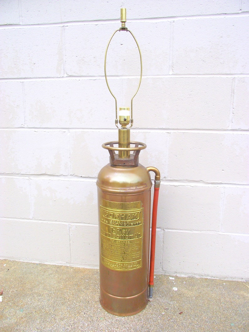 Vintage Fire Extinguisher Table Lamp Copper And Brass Industrial Urban Chic Rustic Repurposed Gorham Boston Mass Loft Steampunk Decor