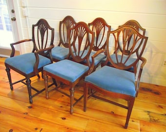 Set Of 6 Antique Mahogany Shield Back Dining Chairs Carved Designs - 4 side Chairs and 2 Arm Chairs - Traditional Custom Style Dining Chair