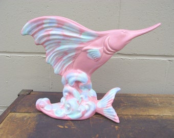 Vintage Royal Haeger Marlin Swordfish Sailfish Art Pottery Planter Vase - RARE Pink Sea foam COLORS - Hickman Original Excellent Ocean Sea