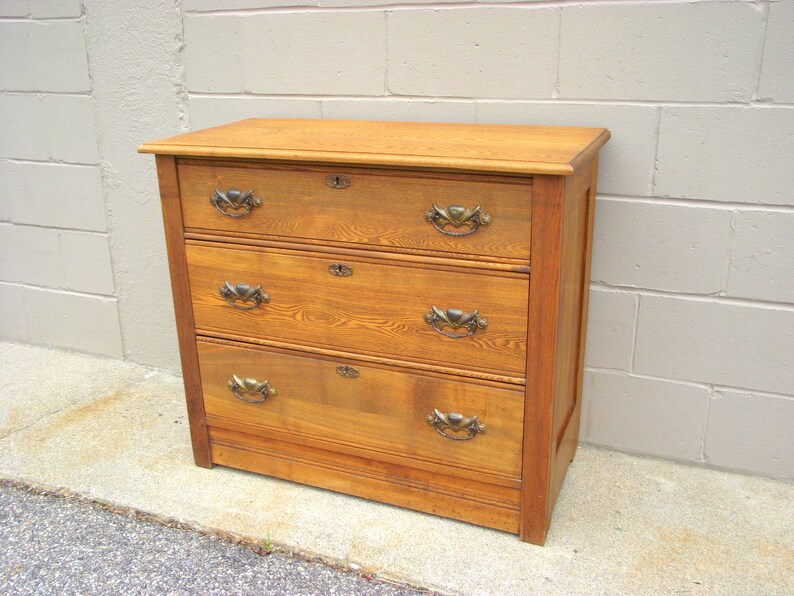 Antique Golden Oak Dresser Bureau 3 Drawer Victorian All Image 0
