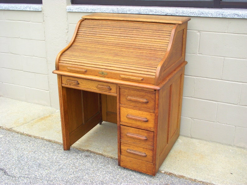 Antique Roll Top Wood Desk Solid Light Oak Petite 36 Writing Table Office Library Railroad Raised Panels Victorian Era