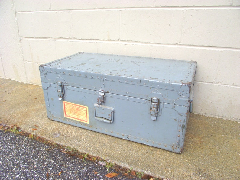 Vintage Wwii Military Footlocker Steamer Storage Trunk Coffee Table Equipment Chest Cold War Top Secret Army Transportation Corp