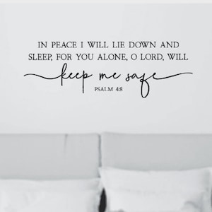 Scripture Wall Decal, Psalm 4:8 Bible Verse Quote, Religious Bedroom Decor, Black Calligraphy Design