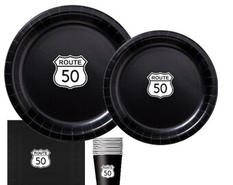 Route 50 papieren feestborden set | Feestdecoratie 50e verjaardag | Vintage Road-thema | Complete feestbundel van 60 stuks