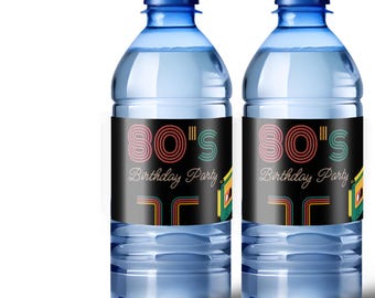 80's Birthday Water Bottle Labels | Retro 80s Theme | Glossy Party Decor | Peel and Stick