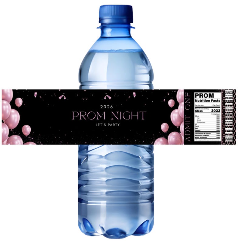 2026 Prom Night Water Bottle Labels | Black Pink Balloon Party Decor ...