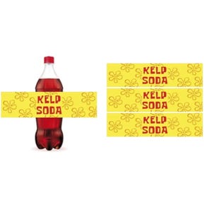 Peut inclure: Une bouteille transparente de Kelp Soda rouge avec un bouchon rouge. La bouteille a une étiquette jaune avec les mots "Kelp Soda" et un motif de fleurs jaunes. Il y a trois étiquettes jaunes supplémentaires avec le même texte et motif.