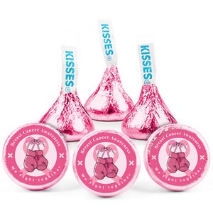 May include: Pink foil-wrapped chocolate candies with the word "Kisses" on the paper flags. Below are pink round candies with the text "Breast Cancer Awareness" and "We Fight Together" with boxing gloves and a pink ribbon.