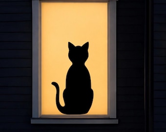 Grand autocollant statique pour fenêtre représentant un chat d'Halloween | Silhouette de chat assis | Décoration de fenêtre effrayante | Autocollant d'Halloween réutilisable | Chat noir
